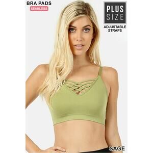 Zenana 2X/3X Sage Green Front V Lattice Bralette + bra padding adjustable straps